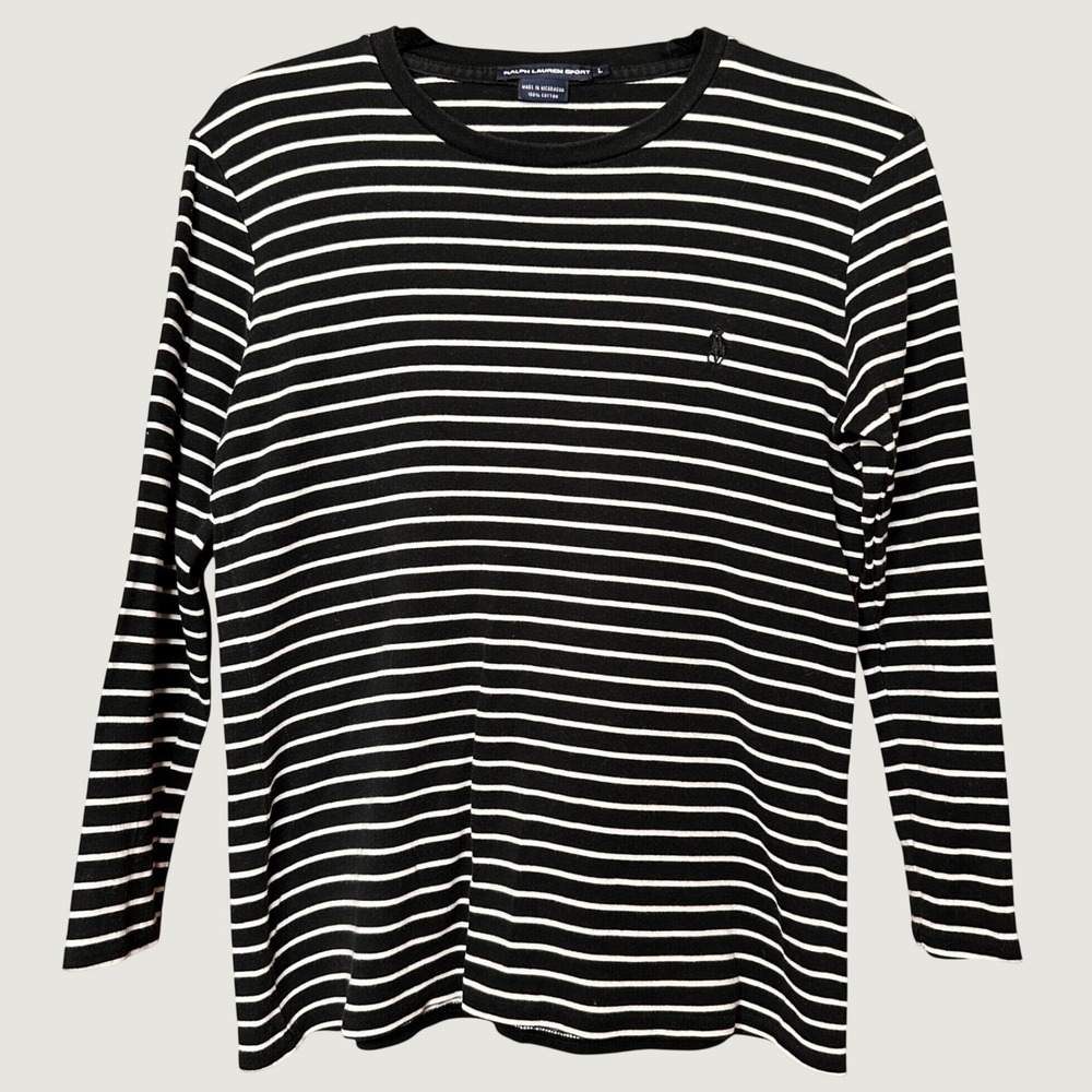Ralph Lauren Sport Womens Large Black White Striped Long Sleeve Cotton T-Shirt